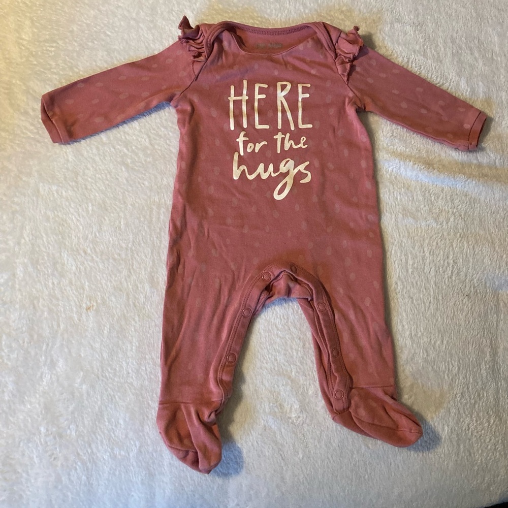 Okie Dokie 3 Month Babygirl Footie Bodysuit. “Here For The Hugs”